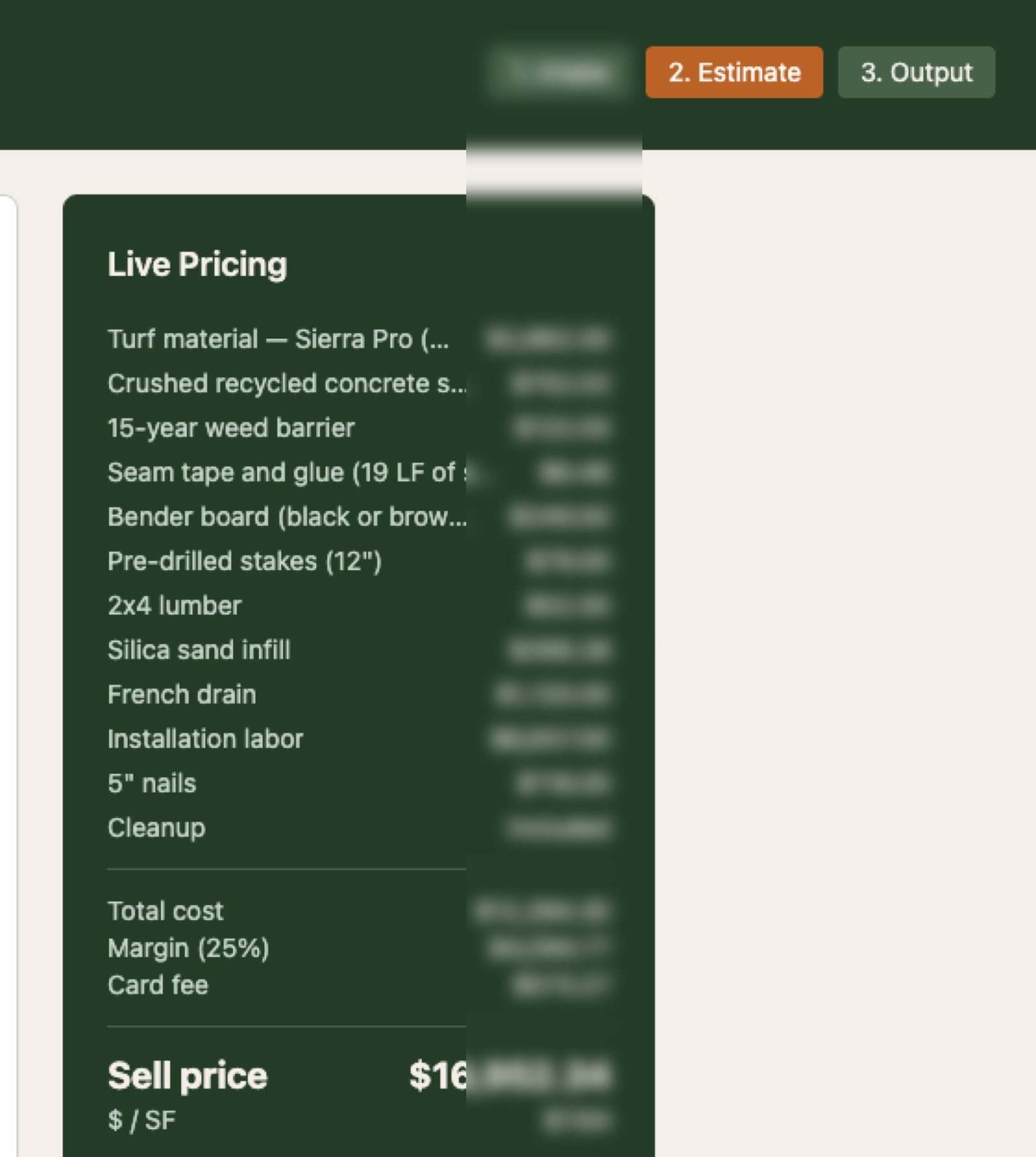 Bearcat Estimator — live-pricing panel with component-level cost breakdown