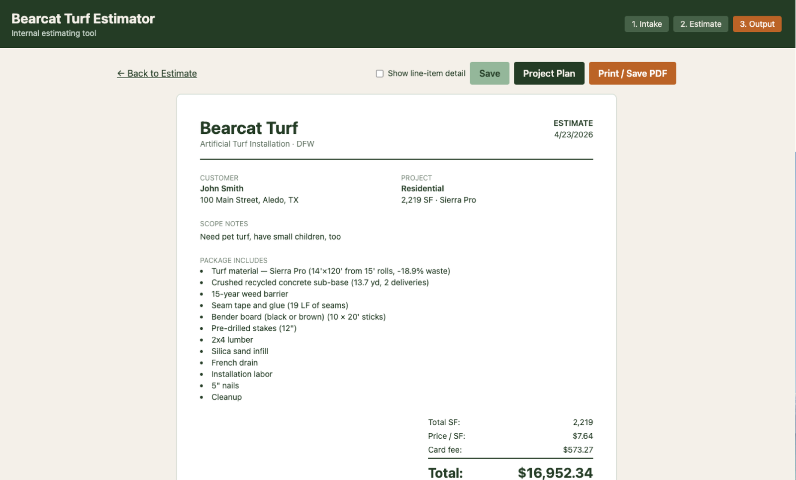 Bearcat Estimator — customer-facing estimate output (sample data)