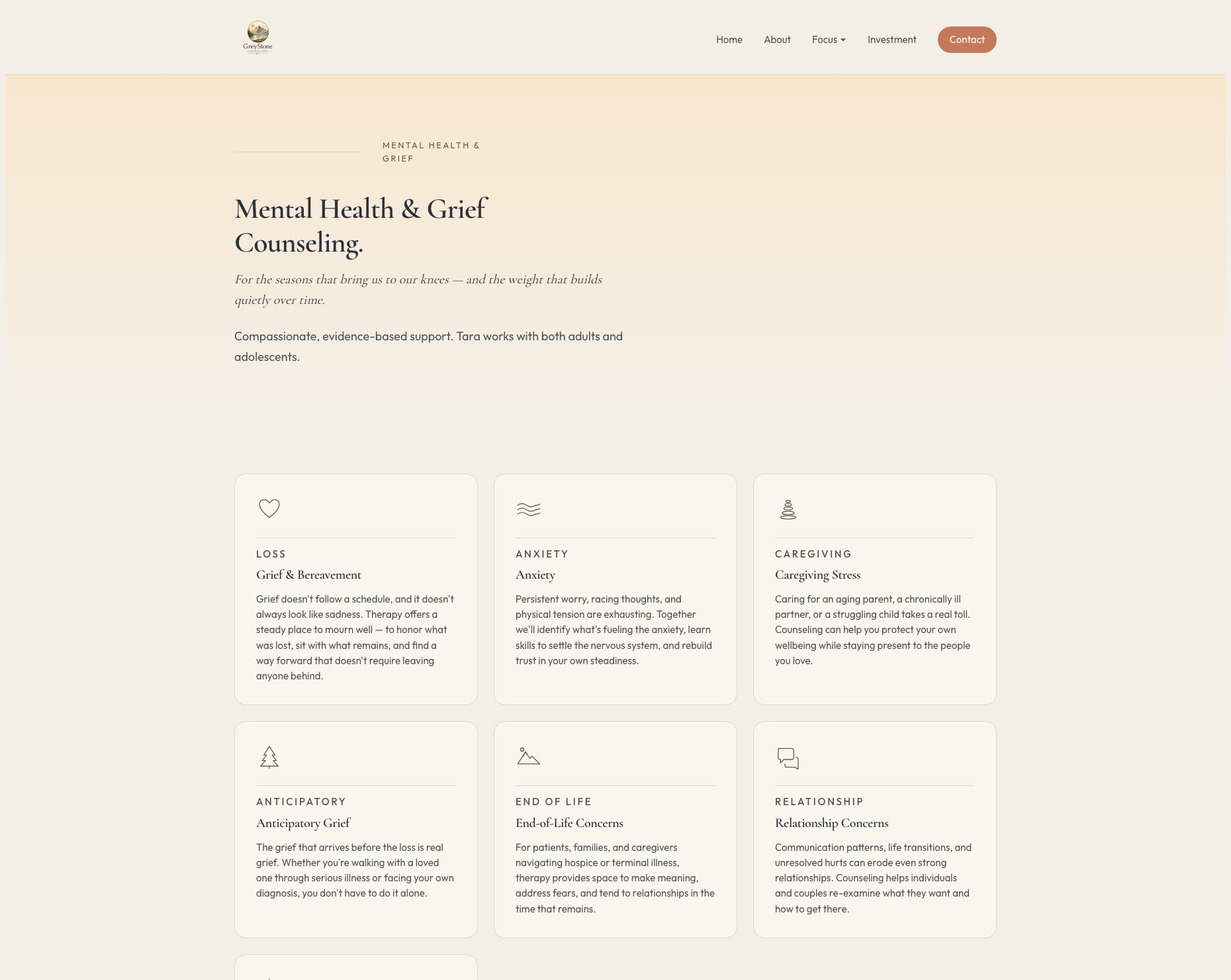 GreyStone Counseling — Mental Health & Grief focus page with six specialty cards