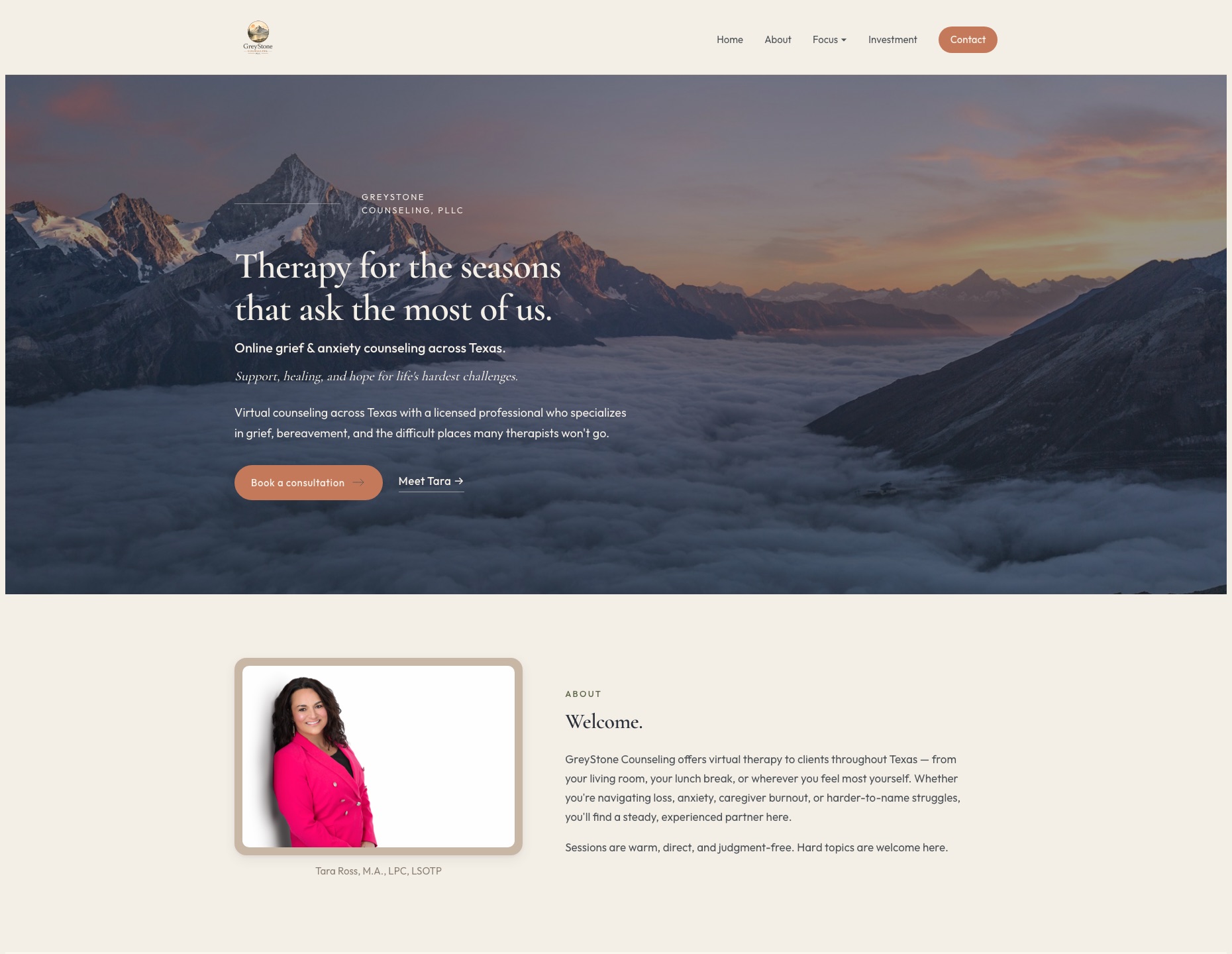 GreyStone Counseling homepage — serif hero over a mountain landscape with clay call-to-action