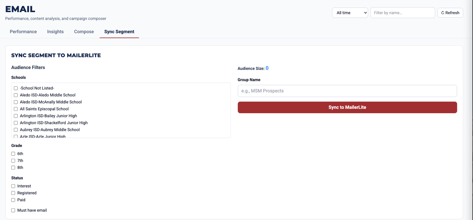 MSM Marketing Engine — Sync Segment filter UI for pushing audiences to MailerLite