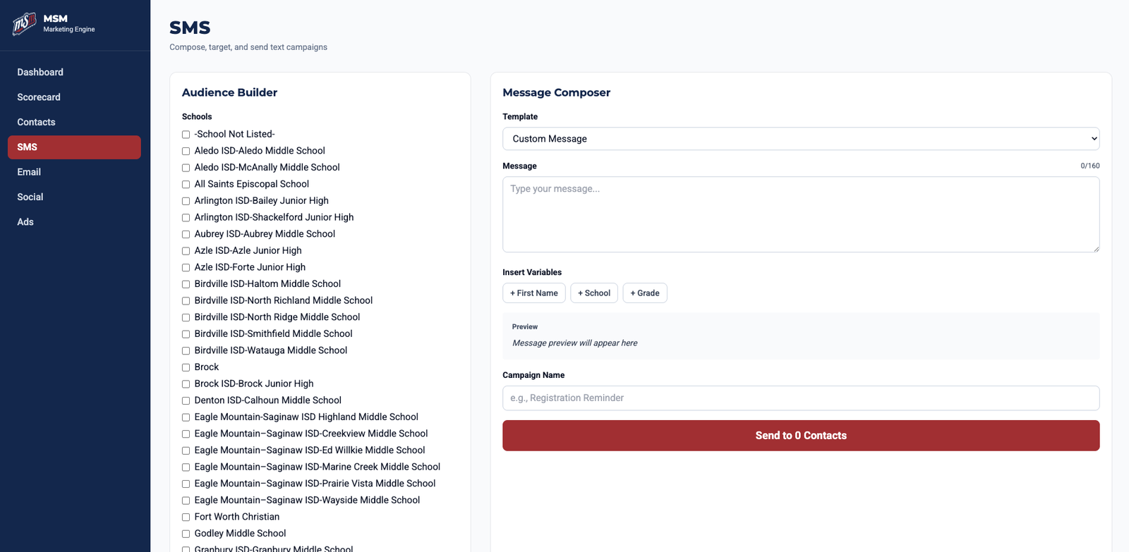 MSM Marketing Engine — SMS module bulk-send composer with audience builder