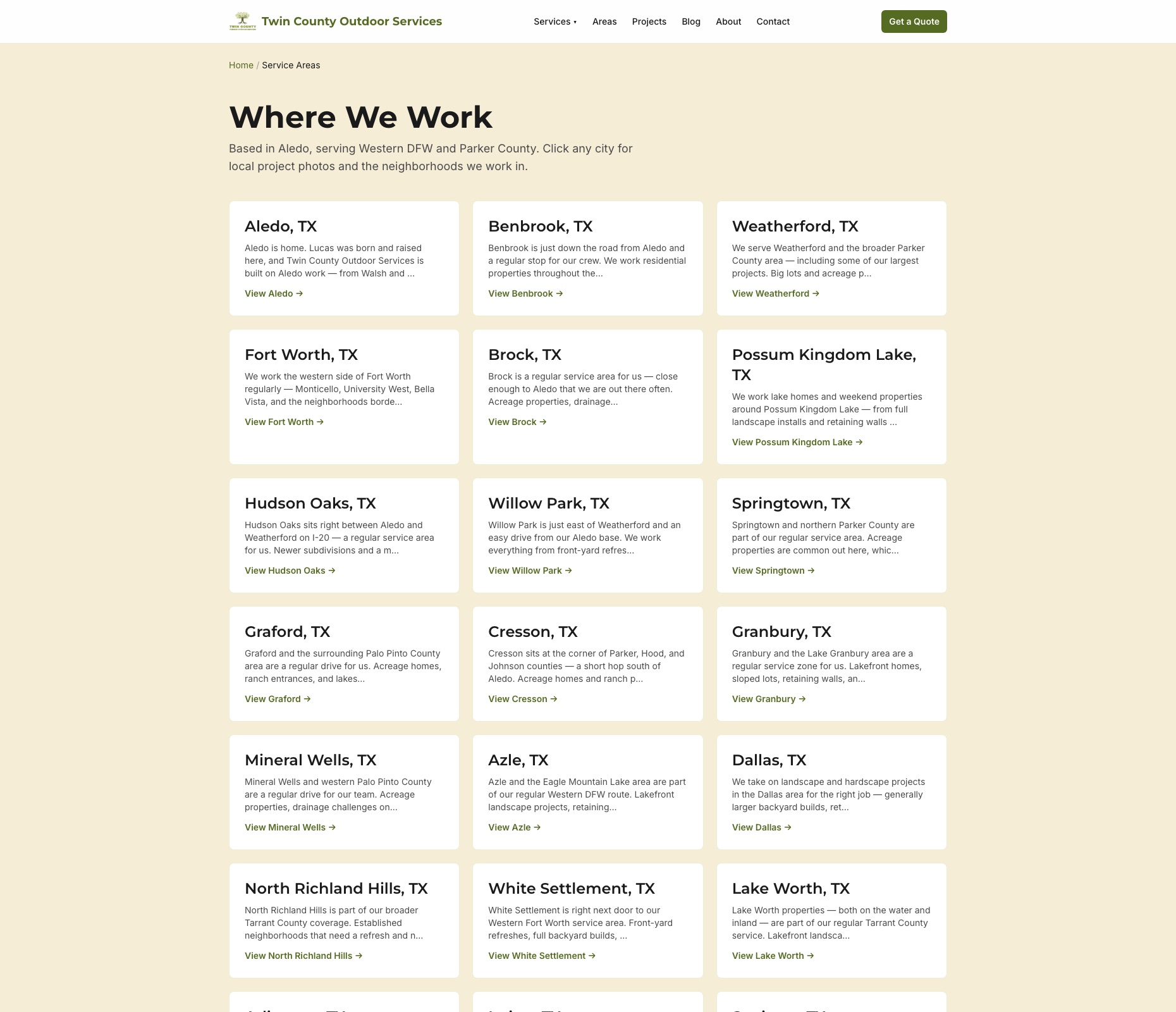 Twin County Outdoor Services — Where We Work city landing page grid