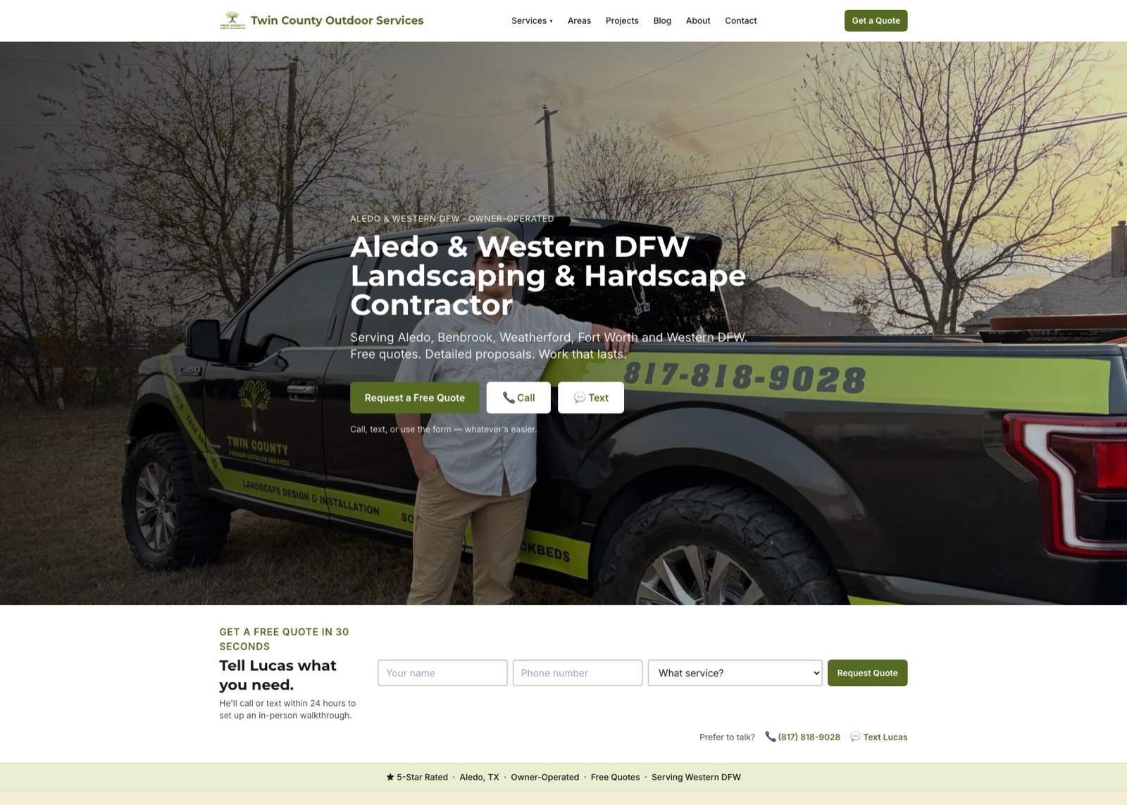Twin County Outdoor Services homepage — owner-operated landscaping hero with wrapped truck and click-to-call CTAs